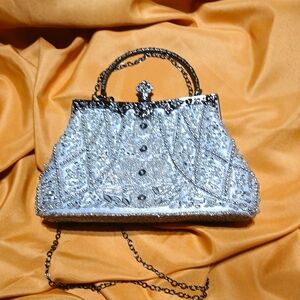 Elegant Silver Beaded Women's Handbag.